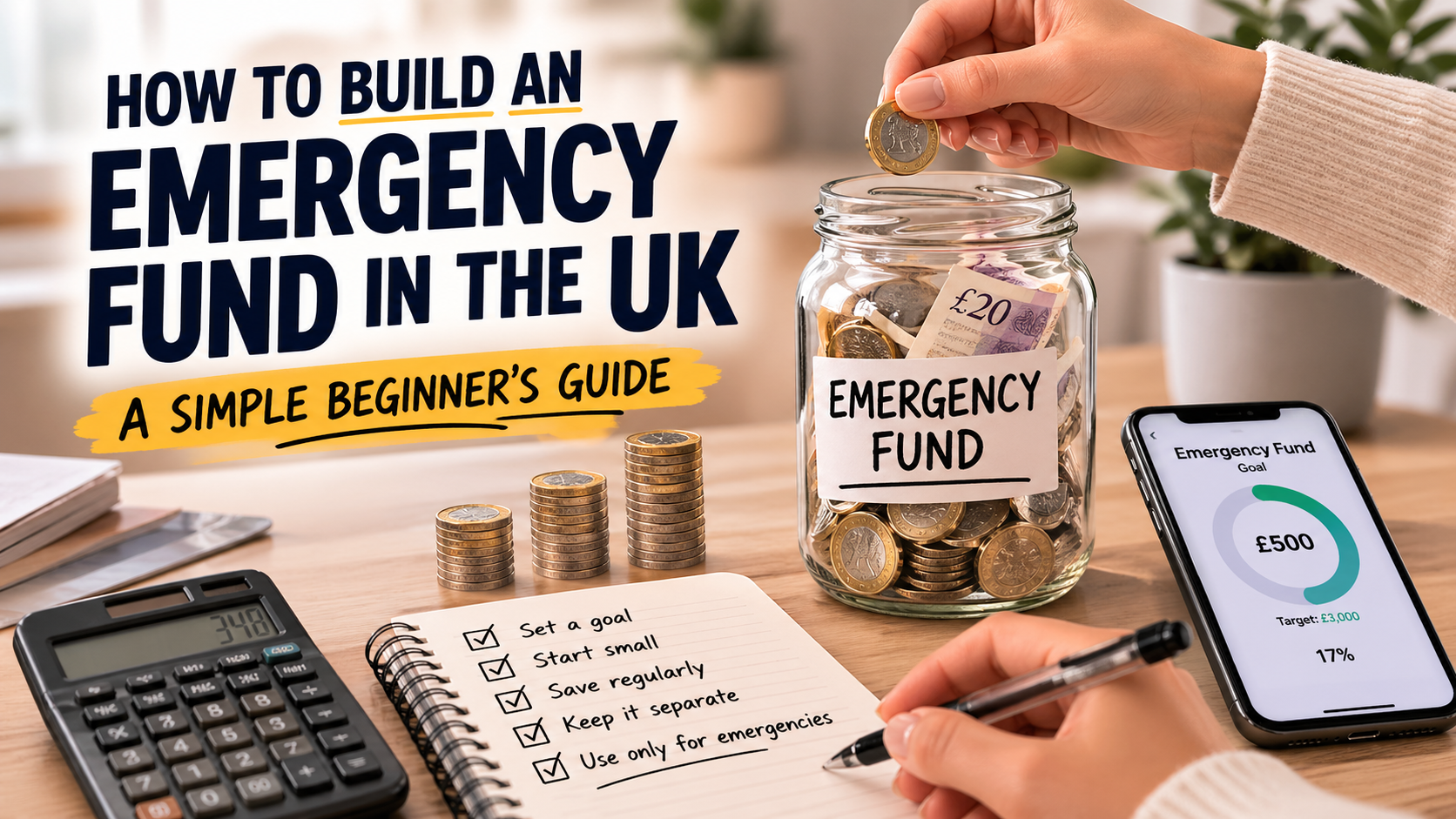 Clean savings image showing emergency fund planning, money jar, notebook and calculator